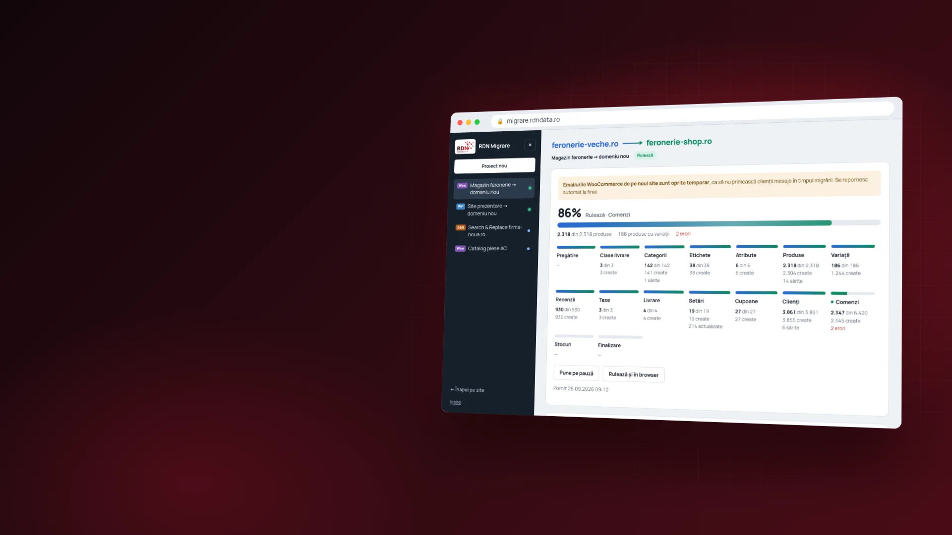 Aplicația RDN Migrare în timpul unei migrări WooCommerce