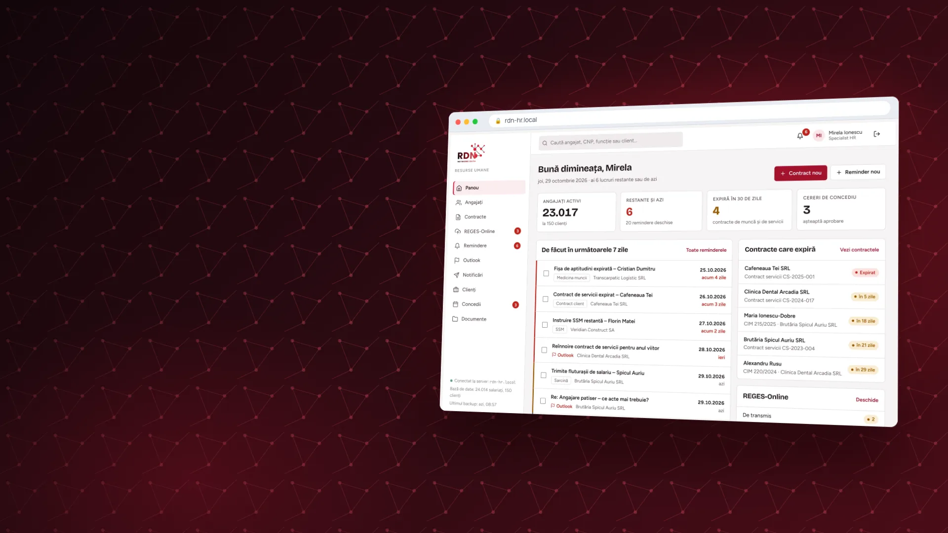 The RDN HR app: dashboard with employees, deadlines and expiring contracts