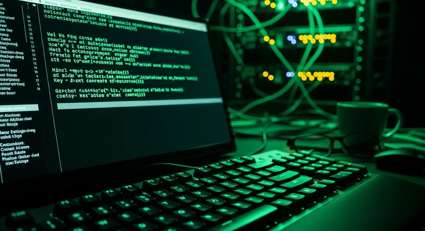 Laptop cu cod într-o cameră cu servere: datele trimise fără SSL pot fi interceptate și citite