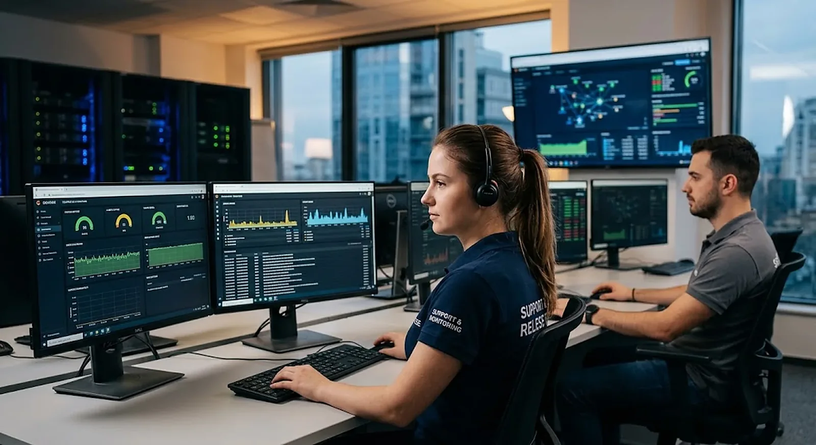 IT support team monitoring clients' servers and networks on screens
