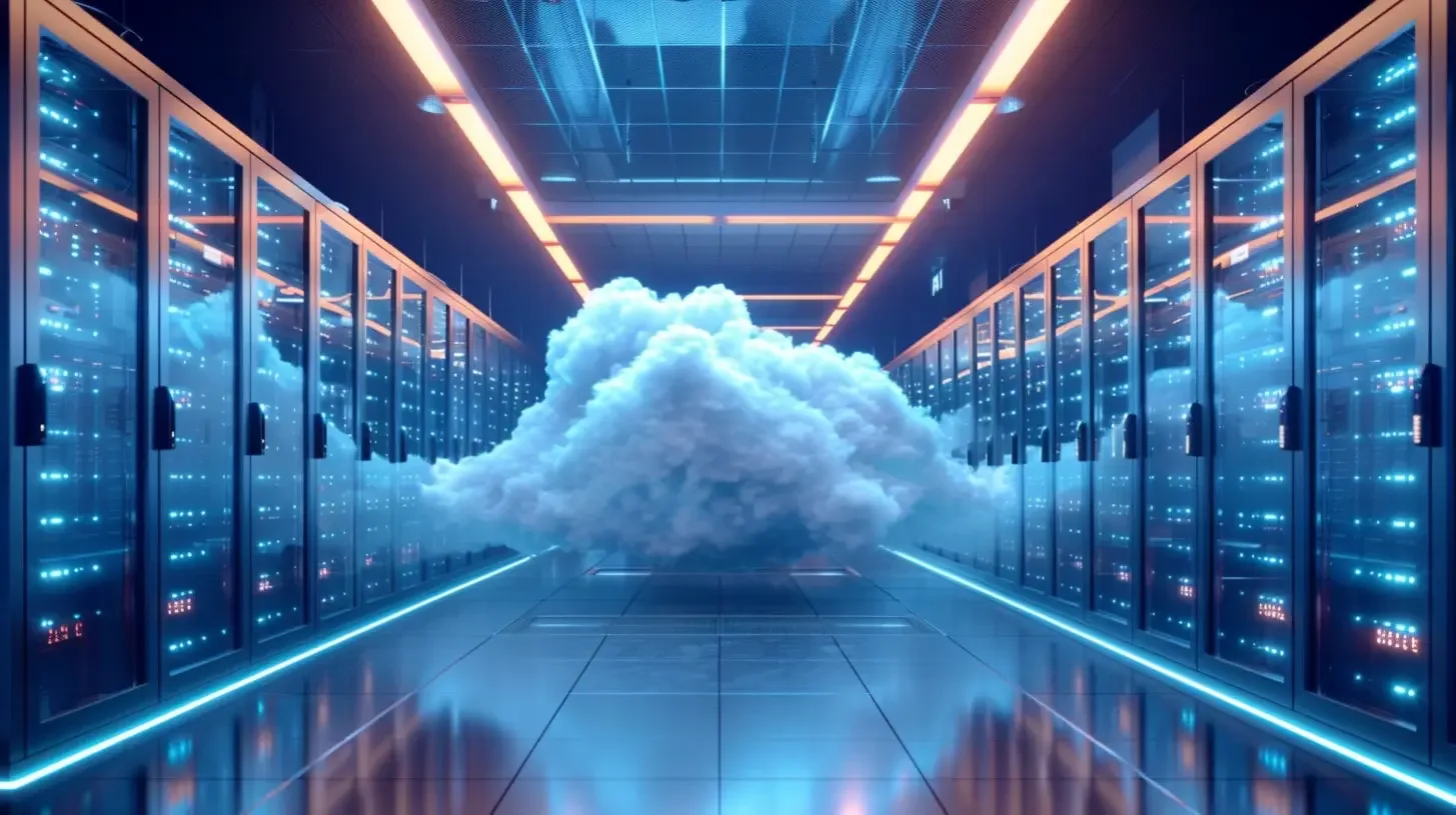 A cloud between the server racks of a data center, the symbol of cloud hosting