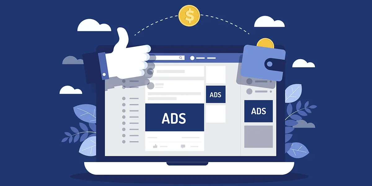 Illustration of online ads on a laptop, for advertising with Google Ads and Facebook Ads
