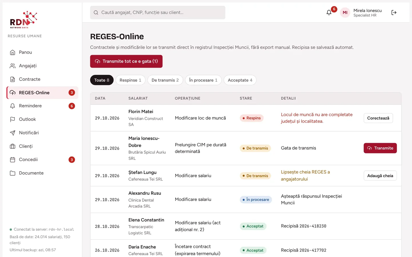 The REGES-Online screen in RDN HR: submissions rejected, to be sent, in processing and accepted with a receipt
