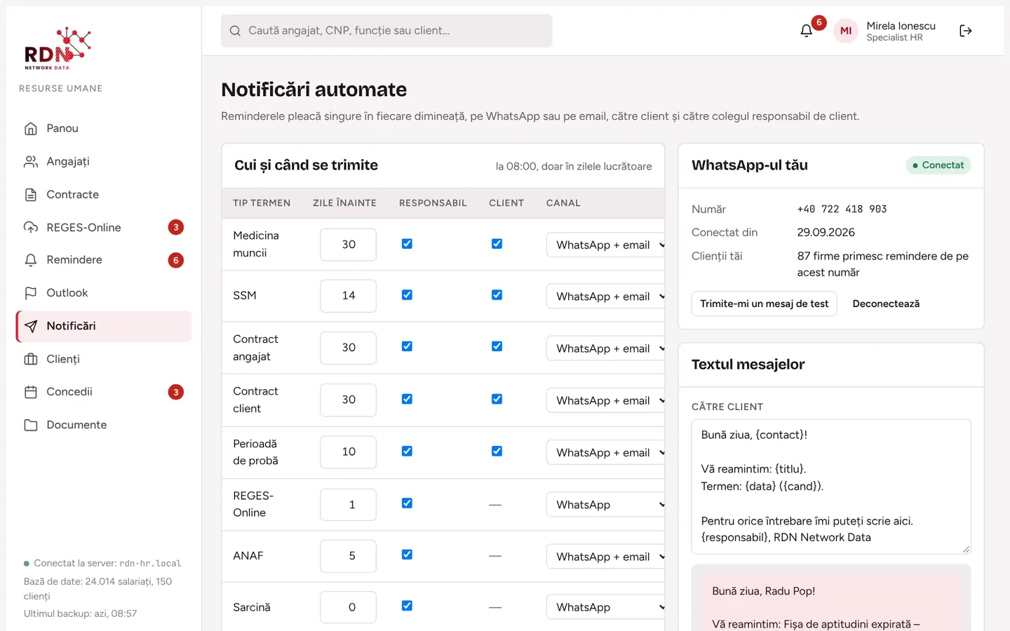 Automatic notifications in RDN HR: how many days in advance, to whom and on which channel each reminder goes