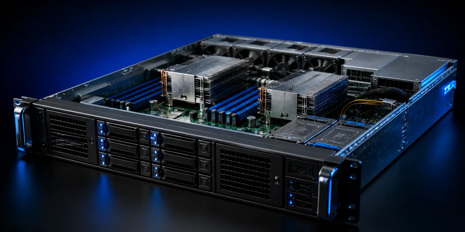 Open 2U rack dedicated server with two processors, RAM and drive bays