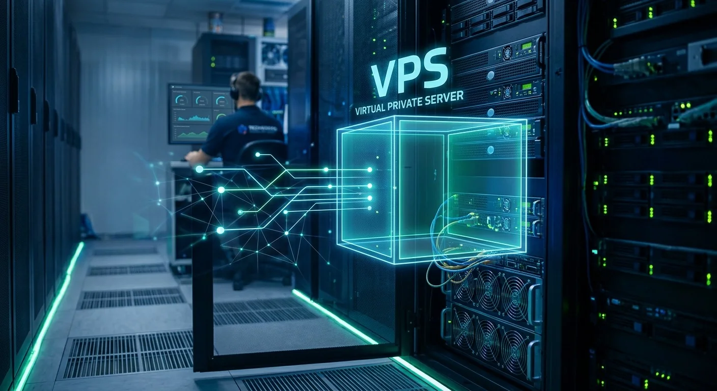 VPS server (virtual private server) in a data center, between the server racks